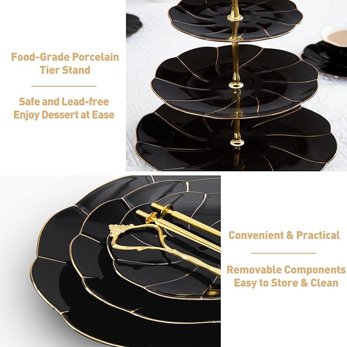 DUJUST Luxury Larger 3-Tier Cupcake Stand Tower, British Style Porcelain Serving Tray with Golden Trim, Food Grade Dessert Display Stand for Tea Party & Home Décor - 45% Black Larger Plates