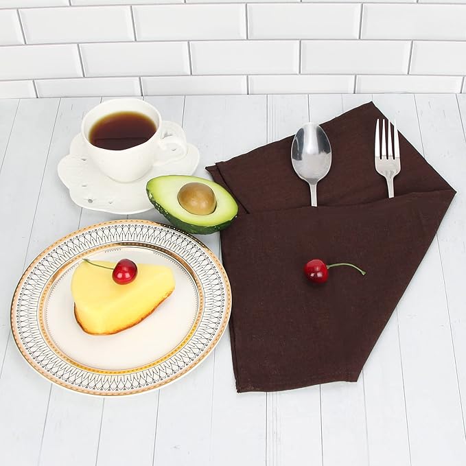 Solid Color Linen Blended Thin Dinner Cloth Napkins - Set of 12 (40 x 40 cm) - for Events & Home Use (Brown)