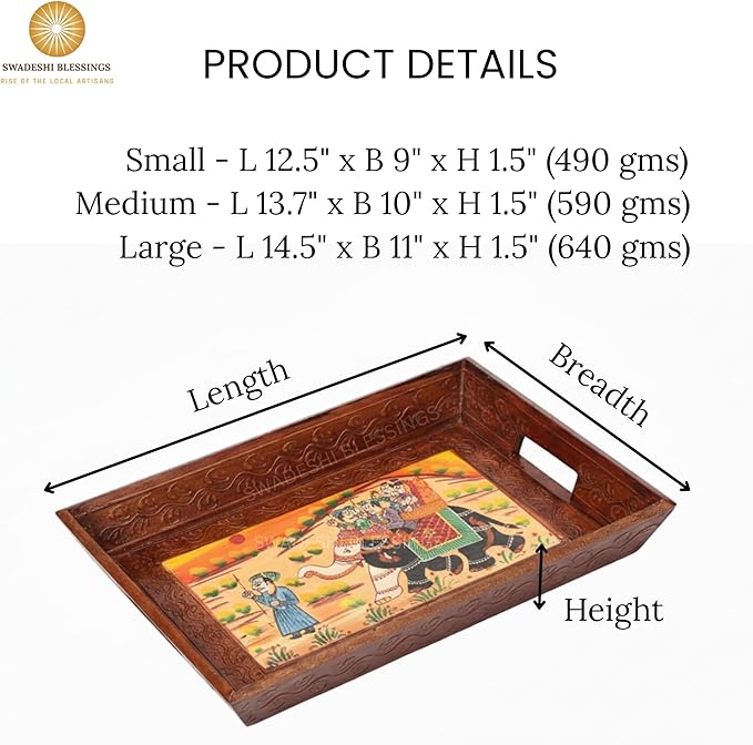 Swadeshi Blessings Wooden Serving Tray Set- Handcrafted & Hand-Painted for Kitchen/Table & Home Decor/Dinning/Gifts/Restaurants/Living Room/Coffee Table (Set of 3 Trays) (Brown)