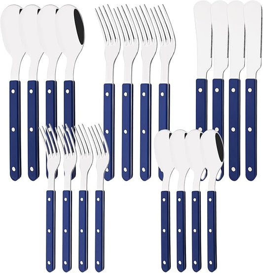 20 PCS Stainless Steel Flatware Set for 4, Silverware Set with Colored Handles, Retro Style Forks Spoons and Knives Set, Vintage Eating Utensils, Blue Acrylic Handle with Rivets Design