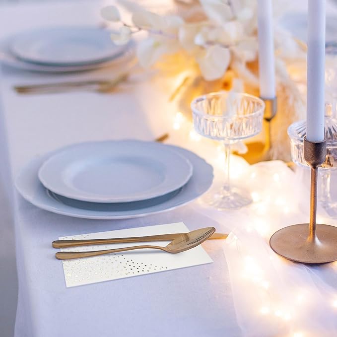 Stylish Gold Star Napkins, 100 White and Gold Dinner Napkins, Disposable 7.5 x 4.25 Inch Serviettes for Party or Wedding
