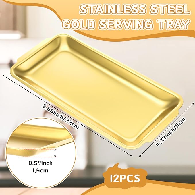 Gold 12 Pcs Small Stainless Steel Serving Tray Bulk 8.66'' x 4.33'' Rectangle Stainless Steel Food Serving Platter with Handle Vanity Tray Decorative Party Plate for BBQ Buffet Appetizer