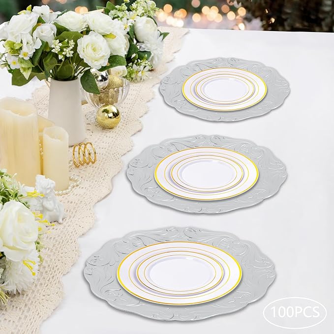 100 Pcs Antique Charger Plates Bulk Round Plastic Dinner Plate Embossed Rim Server Plate Decorative Chargers Floral Plates for Dinner Parties Wedding,13 Inch (100pcs-silver3)