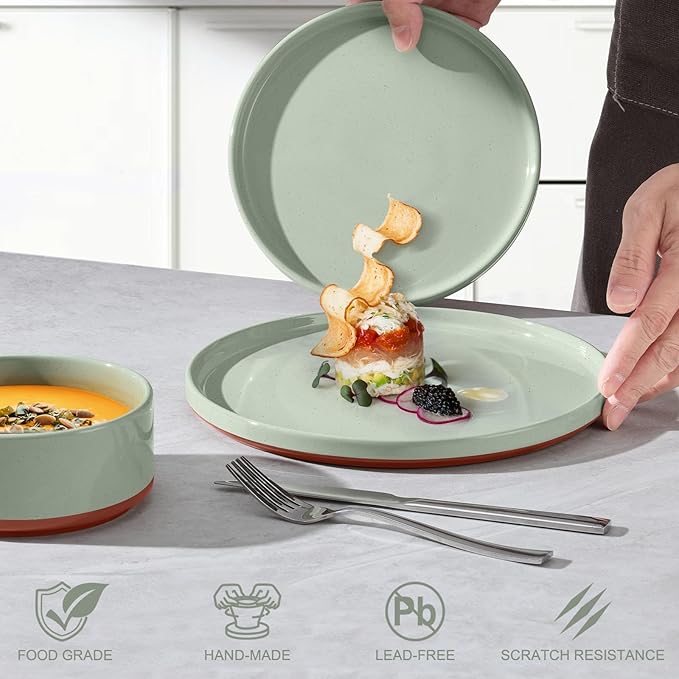 LIANYU 18 Pieces Porcelain Dinnerware Sets, Premium Plates and Bowls Set, High-Fired Ceramic Dishes Set for 6, Chip & Scratch Resistant, Microwave Dishwasher Safe, Laurel Green