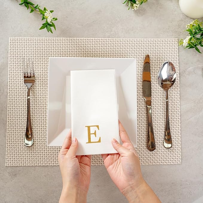 Luxenap 15.8 X 7.9 Inch Linen-Feel Guest Towels, 2000 Lettered Hand Towels - Gold Letter 'E', Sans Serif Font, White Paper Dinner Napkins, airlaid, For Restrooms And Tables - Restaurantware