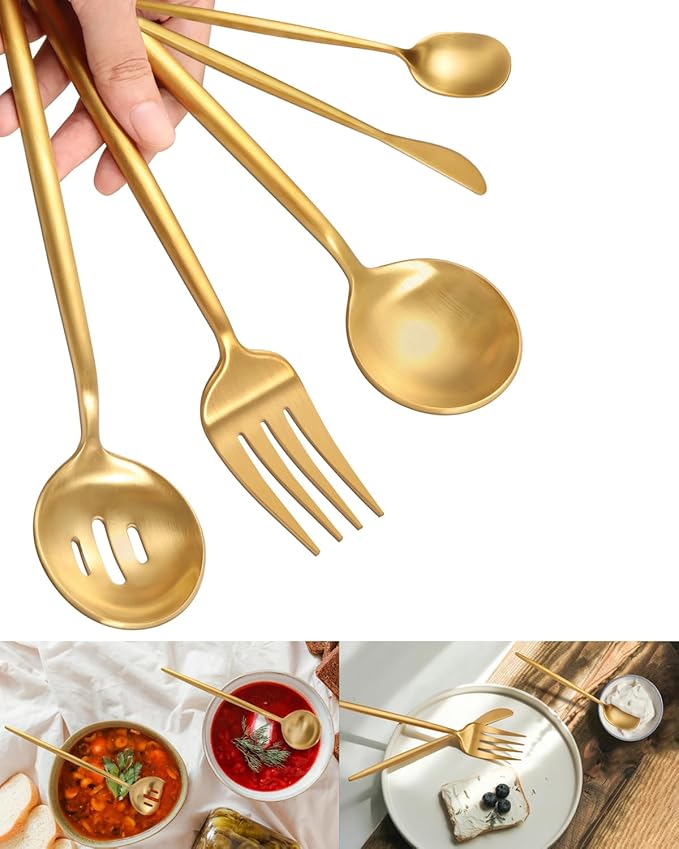Serving Utensil Set,Ollex 5-Piece Stainless Matte Hostess Serving Utensil Set with Serving Spoon,Slotted,Sugar Spoon,Butter Knife serving set for Parties Buffet,Dishwasher Safe