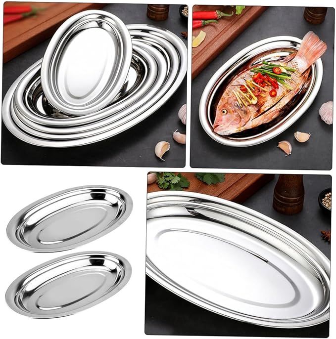 2Pcs Stainless Steel Oval Plates for Steaming Fish and Snacks Home Snack Dish Easy to Clean Restaurant Pastry Plate Silver Serving Tray