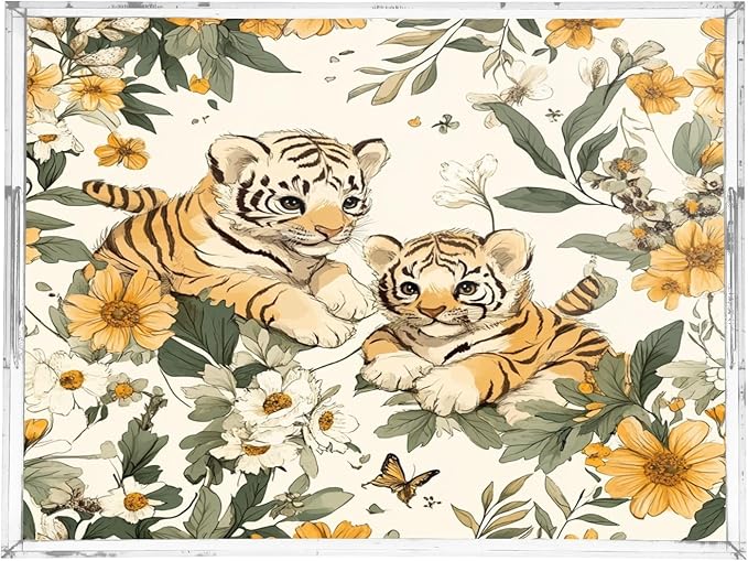 Serving Tray with Handles Clear Acrylic Tray 12x16 Inch Decorative Rectangular Tray Organizer for Ottoman Coffee Table Bathroom Cute Tigers Flowers Beige