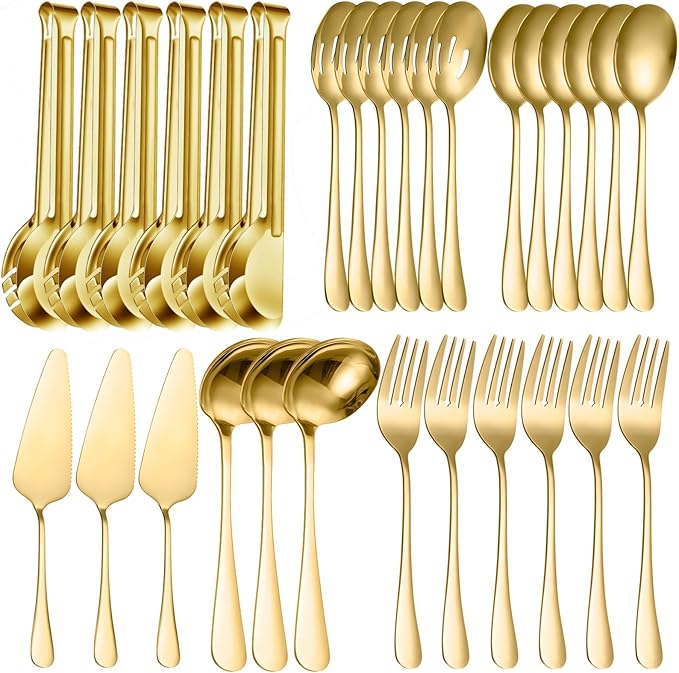 Gold Serving Set, 30 Pieces Stainless Steel Utensils, Buffet Use