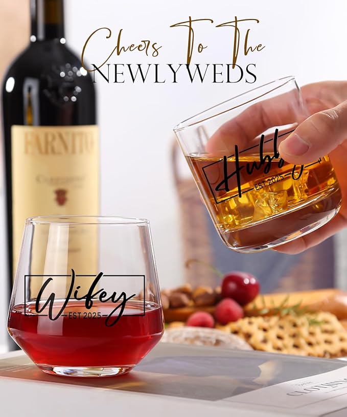 Wedding Gifts 2025 -Hubby & Wifey Wine&Whiskey Glass Set,Mr and Mrs Gifts - Anniversary Wedding Gift for Couple,Unique Bridal Shower Gift,Bride and Groom Shot Glasses