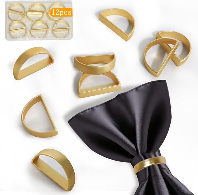 Stainless Steel Napkin Rings Metal Napkin Ring Holders, Yimerlen Holder Serviette Buckles for Family Dinner, Wedding, Party (Semicircle Matte Gold) 12 Pcs