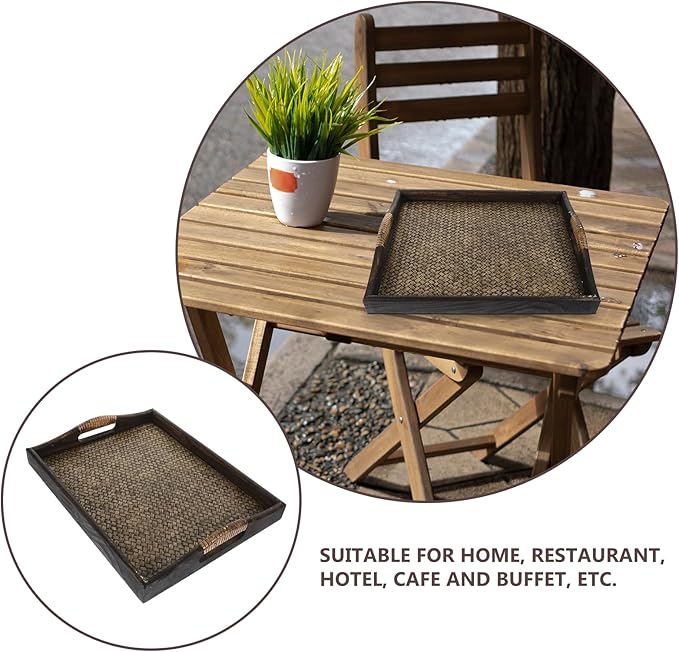 Wood Rectangular Serving Tray with Raised Handles Large Southeast Asian Style Woven Tea Cup Holder Decorative Wooden Drink Tray for Home, Office, and Hotel Use