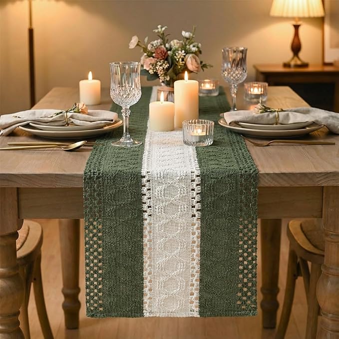 Artoid Mode Army Green Farmhouse Rustic Table Runner, Seasonal Hollow Kitchen Dining Table Decoration for Home Party Decor 12x108 Inch