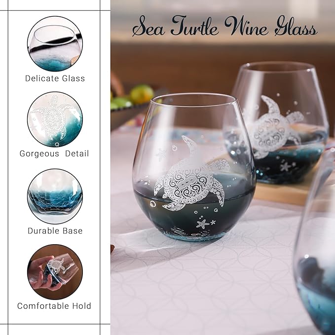 Sea Turtle Wine Glasses Set 2 - 13.3oz Crackle Teal Design, Hand blown Tortoise Wine Tumbler,Sea Turtle Gifts for Women, Birthday/Housewarming/Christmas Gifts for Seaturtle Lovers(2Count, White)