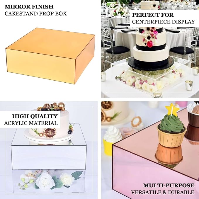 Efavormart 14"x14" | Gold Acrylic Cake Box Stand, Mirror Finish Display Box Pedestal Riser with Hollow Bottom