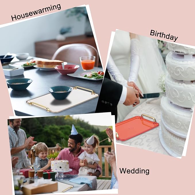 PATIKIL 16.1 x 8.7 Inches Plastic Serving Tray with Golden Handles, Reusable Tray Rectangular Party Platters for Dessert Coffee Tea Table, Living Room Kitchen Countertop, Pink