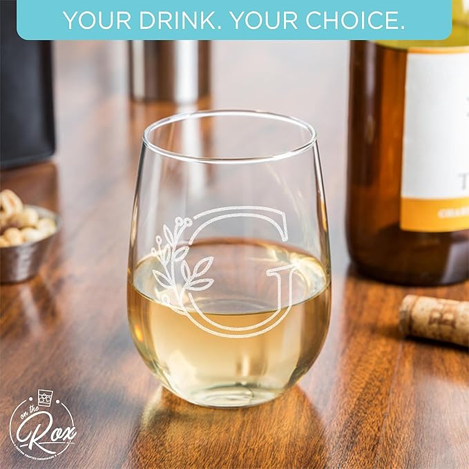 On The Rox Drinks Monogrammed Gifts For Women and Men - Letter A-Z Initial Engraved Monogram Stemless Wine Glass - 17 Oz Personalized Wine Gifts For Women and Men (G)