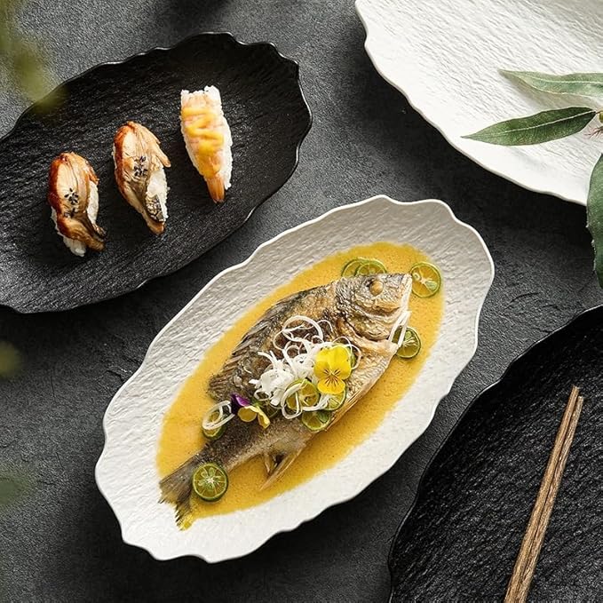 Dessert Plates Creative Stone Fish Plate Tableware Household Steamed Modern Ceramic Simple Dish Dinner Tableware(Black,12inch)
