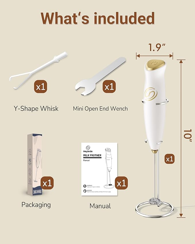 Milk Frother With Stand Handheld Frother Wand Drink Mixer Handheld Coffee Stirrers Electric Frother for Coffee Mixer Wand with 2 Whisk frother for protein powder-White/Gold