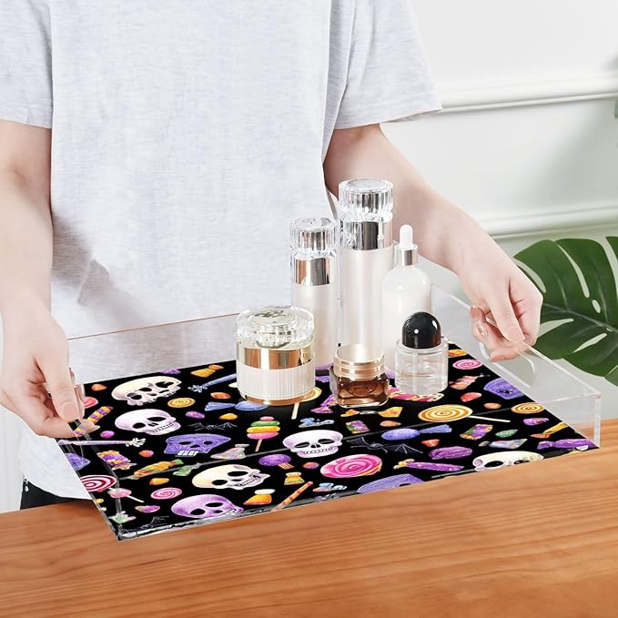 Serving Tray with Handles Clear Acrylic Tray 12x16 Inch Decorative Rectangular Tray Organizer for Ottoman Coffee Table Bathroom Halloween Skulls Lollipops Candies