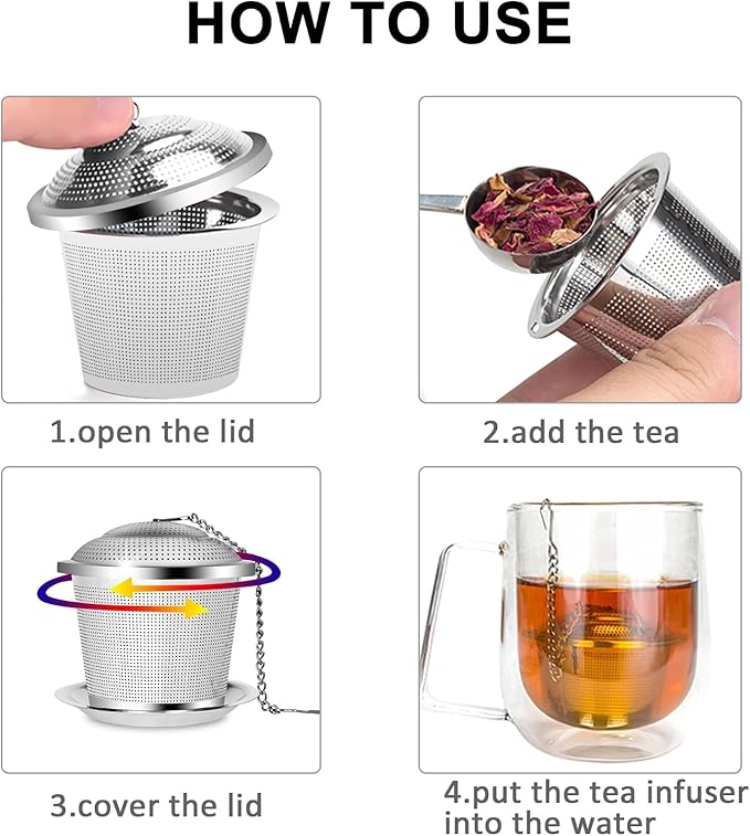 Numola Loose Leaf Tea Infuser Set, Reusable Stainless Steel Tea Balls, Fine Mesh Tea Strainers for Loose Tea with Scoop and Drip Trays, Tea Steeper with Extented Chain Hook for Tea Lovers