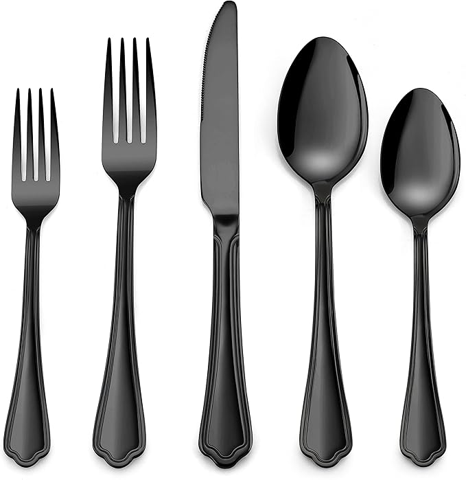 Herogo 30-Piece Black Silverware Set with Scalloped Edge, Stainless Steel Flatware Cutlery Set for 6, Modern Tableware Eating Utensils, Dishwasher Safe, Mirror Polished