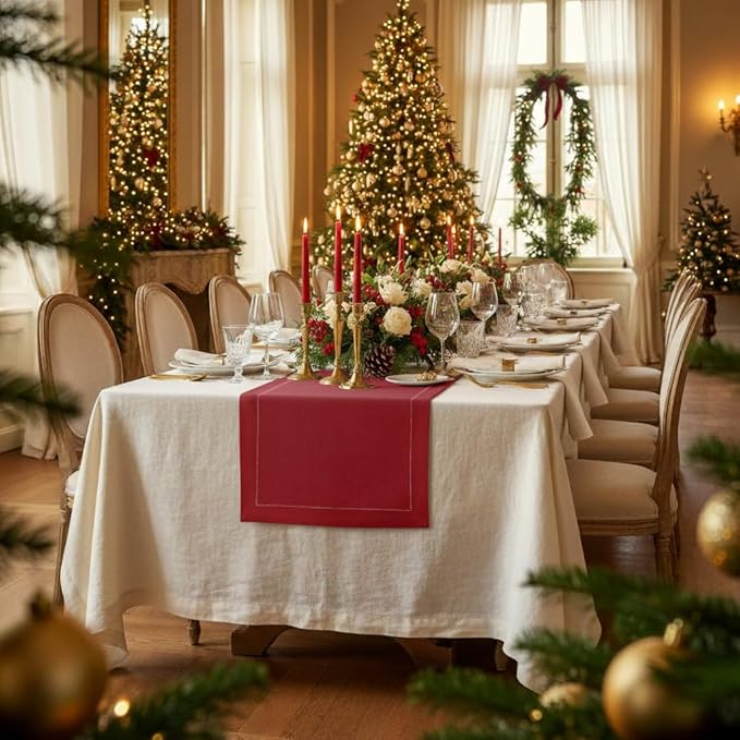 D'Moksha Homes Linen Red Table Runner 120 Inches Long - 100% Pure Linen Hemstitch 14 x 120 Inch Table Runner for Dining, Winter, Christmas, Holiday, New Year - Classic Hemstitch