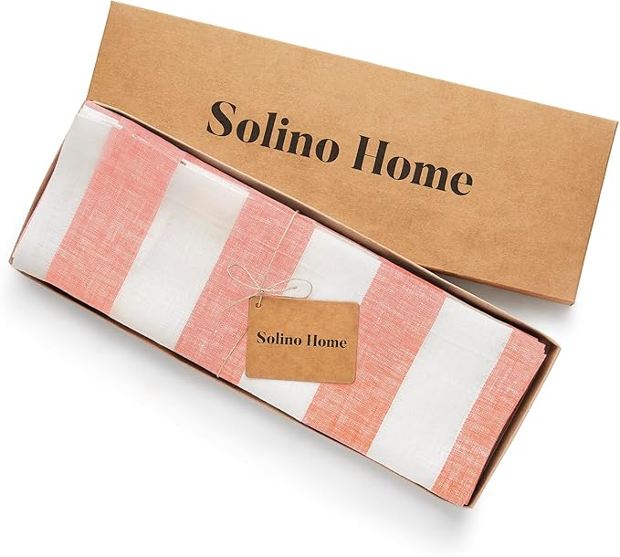 Solino Home Linen Cloth Placemats Set of 4 - Cabana Stripe 100% Pure Linen Salmon and White Farmhouse Placemats 14 x 19 Inch