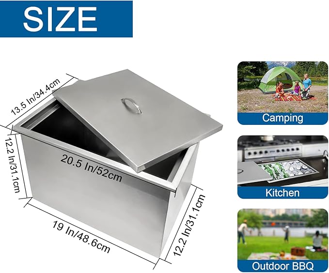 Drop in Ice Chest with Cover Stainless Steel Ice Cooler Included Drain-Pipe and Drain Plug Drop in Ice Bin Outdoor Kitchen for Cold Wine Beverage