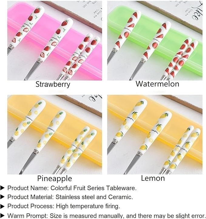Silverware Set, Ceramic Handle Dinnerware Set Flatware Kitchen Accessories Camping Travel Sets Fork Spoon Portable Cutlery Sets with Case, Lemon Strawberry Watermelon Pineapple Fruit series