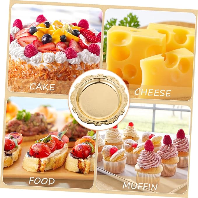Sewroro Golden Serving Tray Round Iron Dessert Platter Snack Serving Platter for Home Entertaining and Jewelry Display