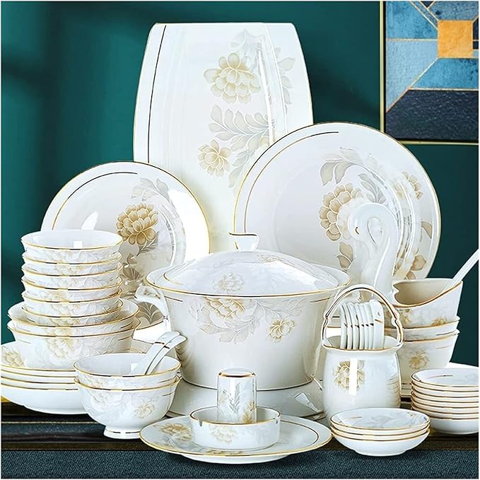 Dinnerware Sets - Luxury Gift Dishes Service Set, 35,56,60PCS Ceramic Dinnerware Set Bone China Tableware Dishes Plates Ceramic Combination Dinner Service Set Porcelaine Service for 10 (56 Pieces)