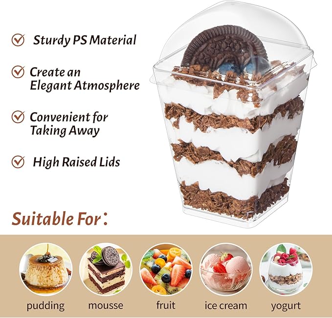 5oz Plastic Dessert Cups with Dome Lids and Spoons, 50 Pack Mini Clear Parfait Cups Square Party Serving Cup for Pudding, Appetizer, Fruit and Ice Cream