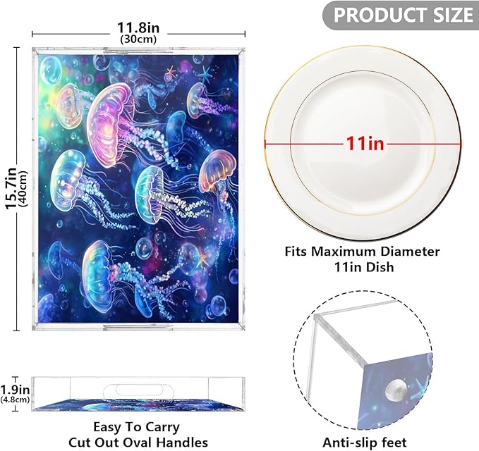 Serving Tray with Handles Clear Acrylic Tray 12x16 Inch Decorative Rectangular Tray Organizer for Ottoman Coffee Table Bathroom Vivid Jellyfishes Bubbles and Starfishes