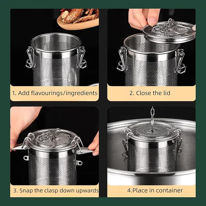 Seasoning Strainer, Stainless Steel Spice Filter, Cooking Spice Filter, Mesh Design Tea Ball Strainer Soup Seasonings Seperation Basket Filter with Chain Hook for Home Restaurant (0.86L)