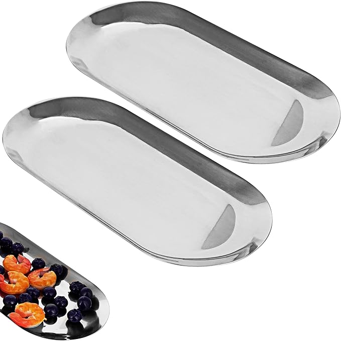 Oval Vanity Tray, Storage Organizer, Stainless Steel Tray for Jewelry, Makeup Cosmetic, Towel Napkin, Food (2 Pack Silver)