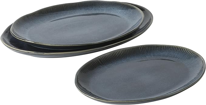 Gibson Elite Sandy Pines 3 Piece Oval Platter Set, 15.7”, 13.75” & 12” Stoneware Serving Platters, Reactive Glaze Finish, Blue, Microwave & Dishwasher Safe