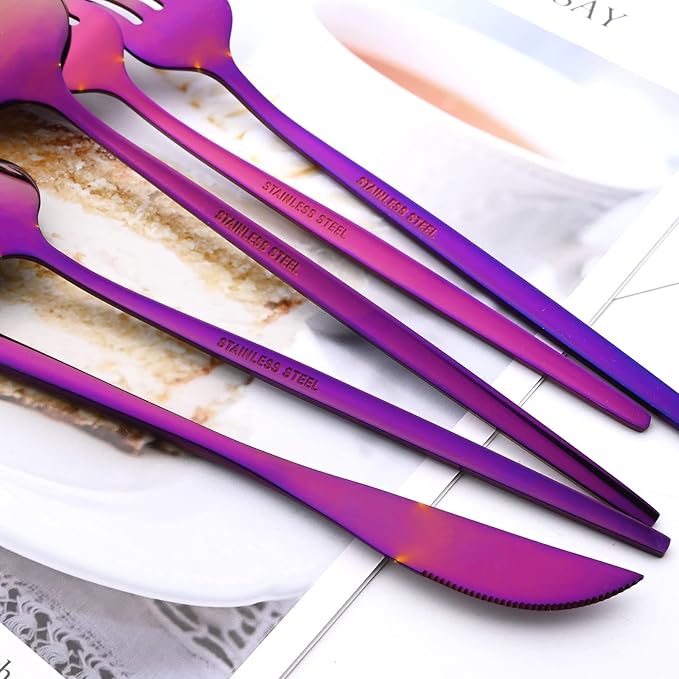 30Pcs Purple Simplicity Mirror Finished Cutlery Set, 18/0 Stainless Steel Daily Use Silverware Kitchen Home Restaurant Party Dessert Flatware Set Include Knife/Fork/Spoon, Service For 6