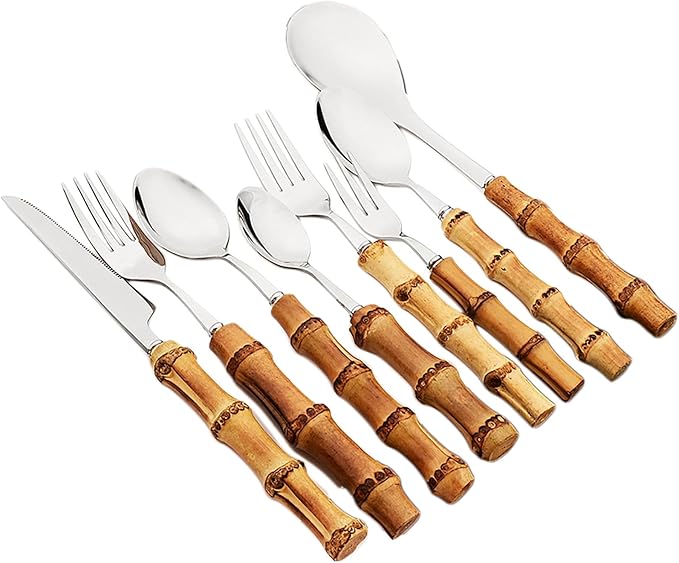 8pcs Dessert Spoon, Shiny Silver Stainless Steel With Natural Bamboo Handle, Large Teaspoon Stirring Spoons For Daily Use, 7.87-inch