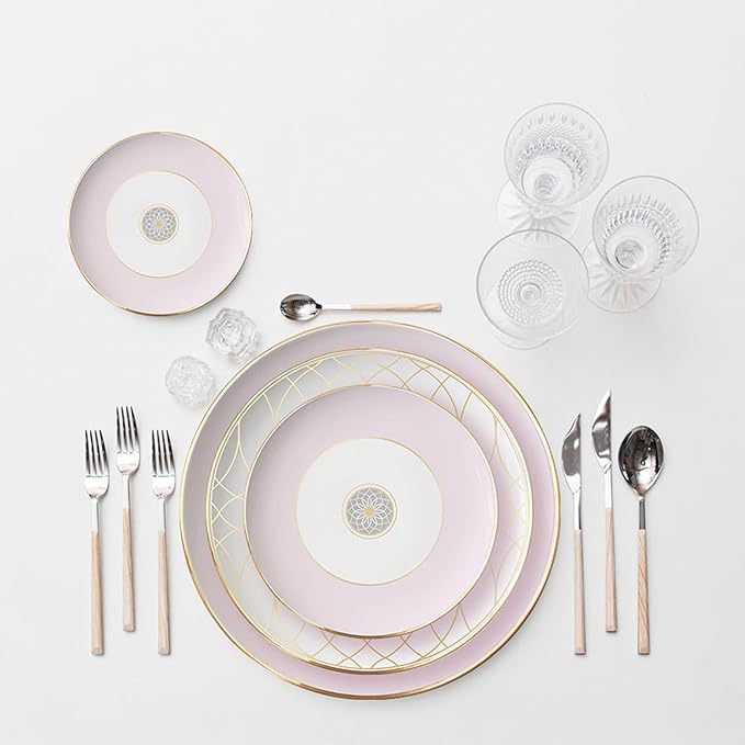 gold trim dinnerware set service for 4, 16 pieces pink and white ceramic plate set, luxury bone china dishes sets for wedding, anniversary, fine dining present