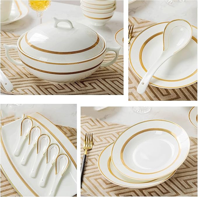 Gold Rim Ceramic Tableware Set Handmade Modern White China Ceramic Floral Tableware Set Suitable for Family Hotel Restaurant 60 Piece
