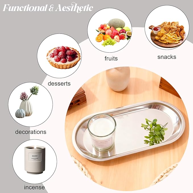 Silver Tray 2 Pack Stainless Steel Decorative Tray 7 in Vanity Tray Jewelry Dish Tea Fruit Cosmetics Clutter Storage Dish Plate Bathroom Kitchen Table Serving Platter,Oval,Silver