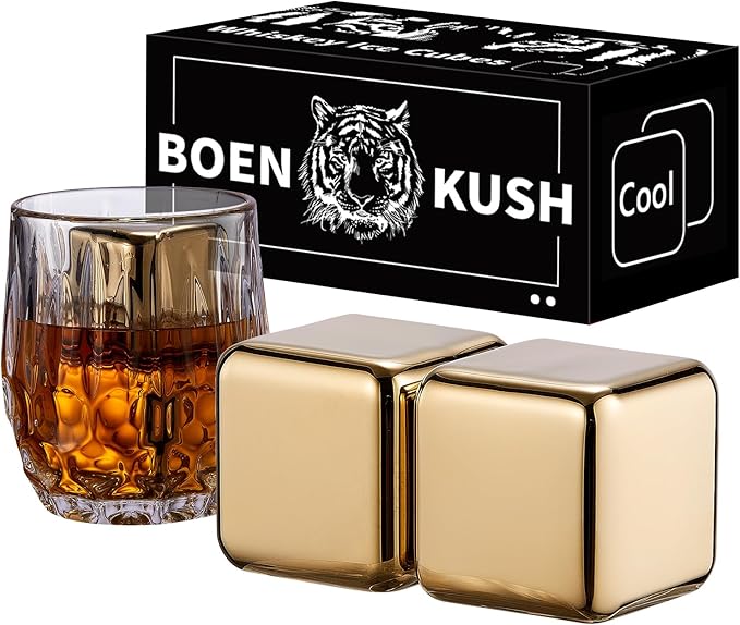 2 Large 64cm³ Whiskey Stones - Reusable Stainless Steel Metal Ice Sphere Cubes Beverage Chilling Rocks Whiskey Stones for Red Wine, Bar Beer, Scotch, Vodka Drinks - Gold
