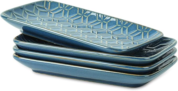 Sureasy Ceramic Salad Plates, Rectangular Appetizer Plates 8 inch, Small Serving Plates for Entertaining, Small Dinner Plates Set for Dessert, Sushi, Embossed Porcelain Dish, Set of 4, Blue