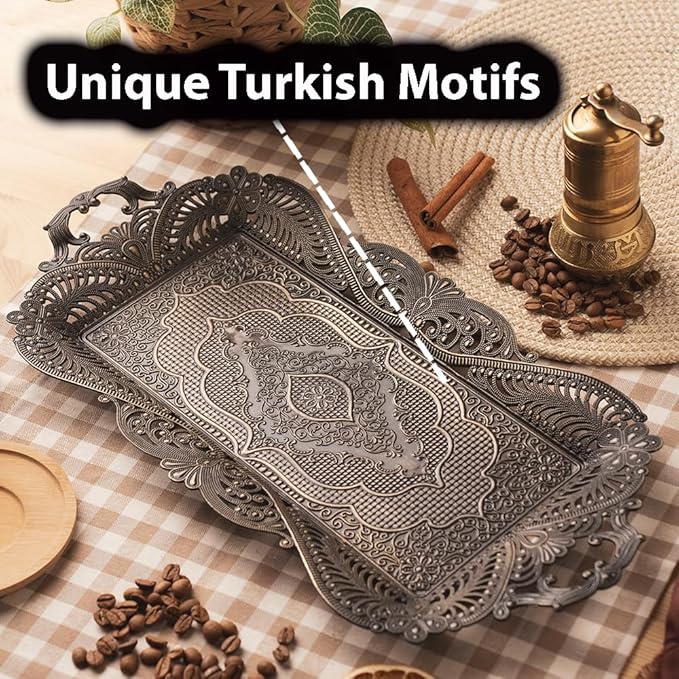 Small Antique Moroccan Coffee Tea Serving Tray Decor Decorative Handles Rectangle - Antique Arabic Brass Metal Fancy Rustic Farmhouse Candle Rectangular Bar Style Traditional Vintage Home Decor Tray