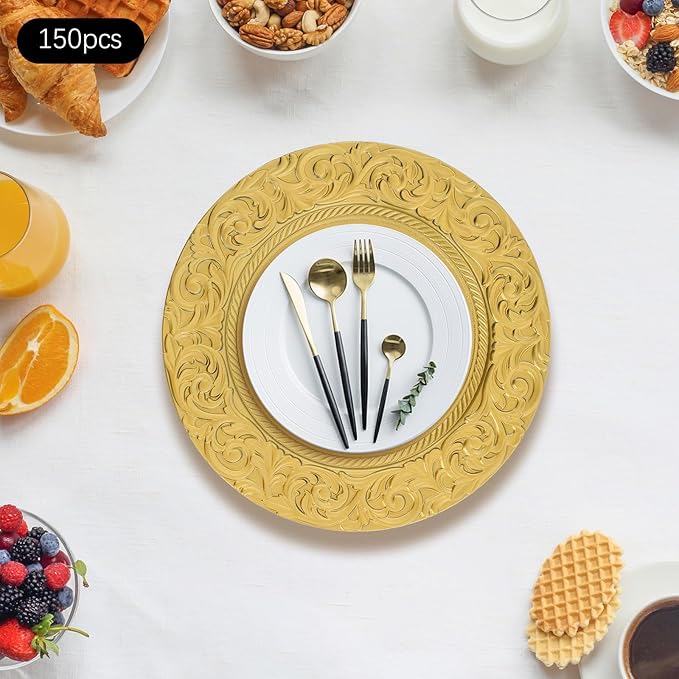 Gold Plastic Charger Plates Set of 150, 13” Reusable Party Chargers for Dinner Plates, Elegant Round Service Plate Chargers Bulk Decorative for Wedding, Catering Table Decor