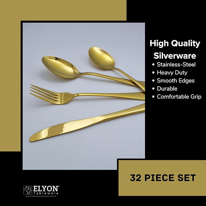Elyon Tableware 32-Piece Reflective Gold Flatware Set, Stainless Steel, Service For 8
