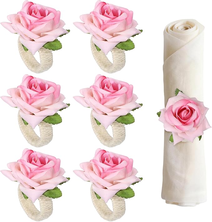 uxcell 4Pcs Flower Napkin Rings, Handmade Rose Napkin Ring Holders Buckles Table Decorations for Christmas Thanksgiving Valentine Decor Wedding Parties, Banquet, Home, Pink
