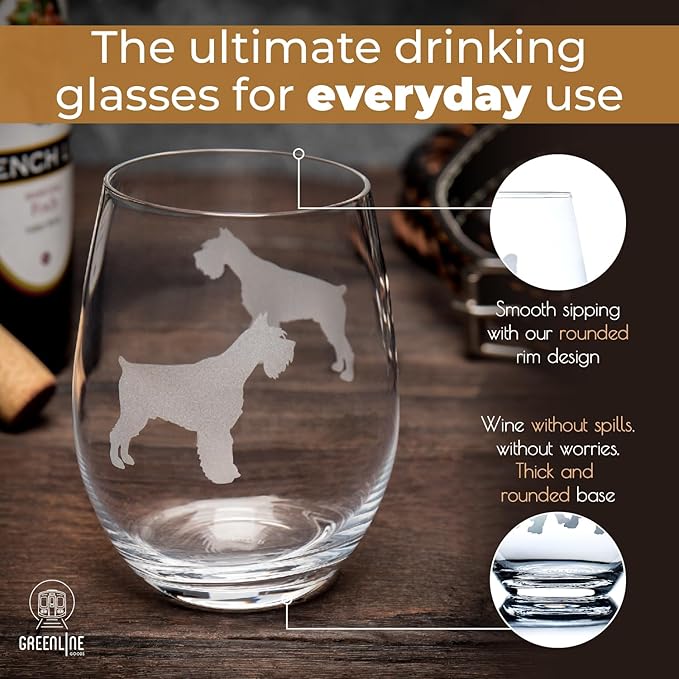 Schnauzer Stemless Wine Glasses (Set of 2) | Unique Gift for Dog Lovers | Hand Etched with Breed Name on Bottom