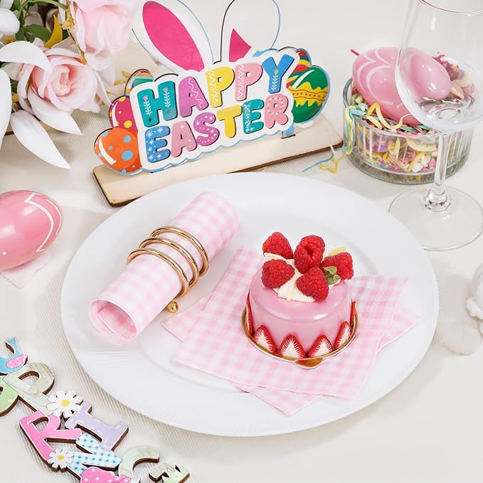 FLOWERCAT 100-Count 2-Ply Pink Checkered Cocktail Napkins Checkered - Pink Cocktail Napkins Disposable Premium Quality- 5“ x 5" Paper Napkins for Easter Party,Bar,Birthday,Mother's Day